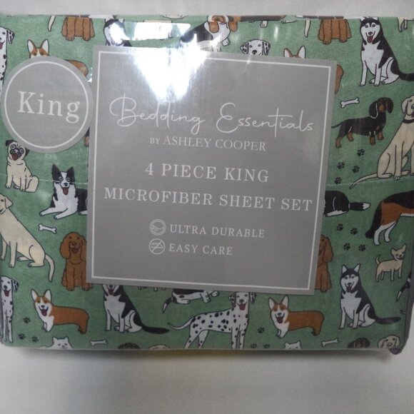 Ashley Copper Dog Puppy  4 piece Micro Fiber King sheet set green NEW NWT - Picture 2 of 7